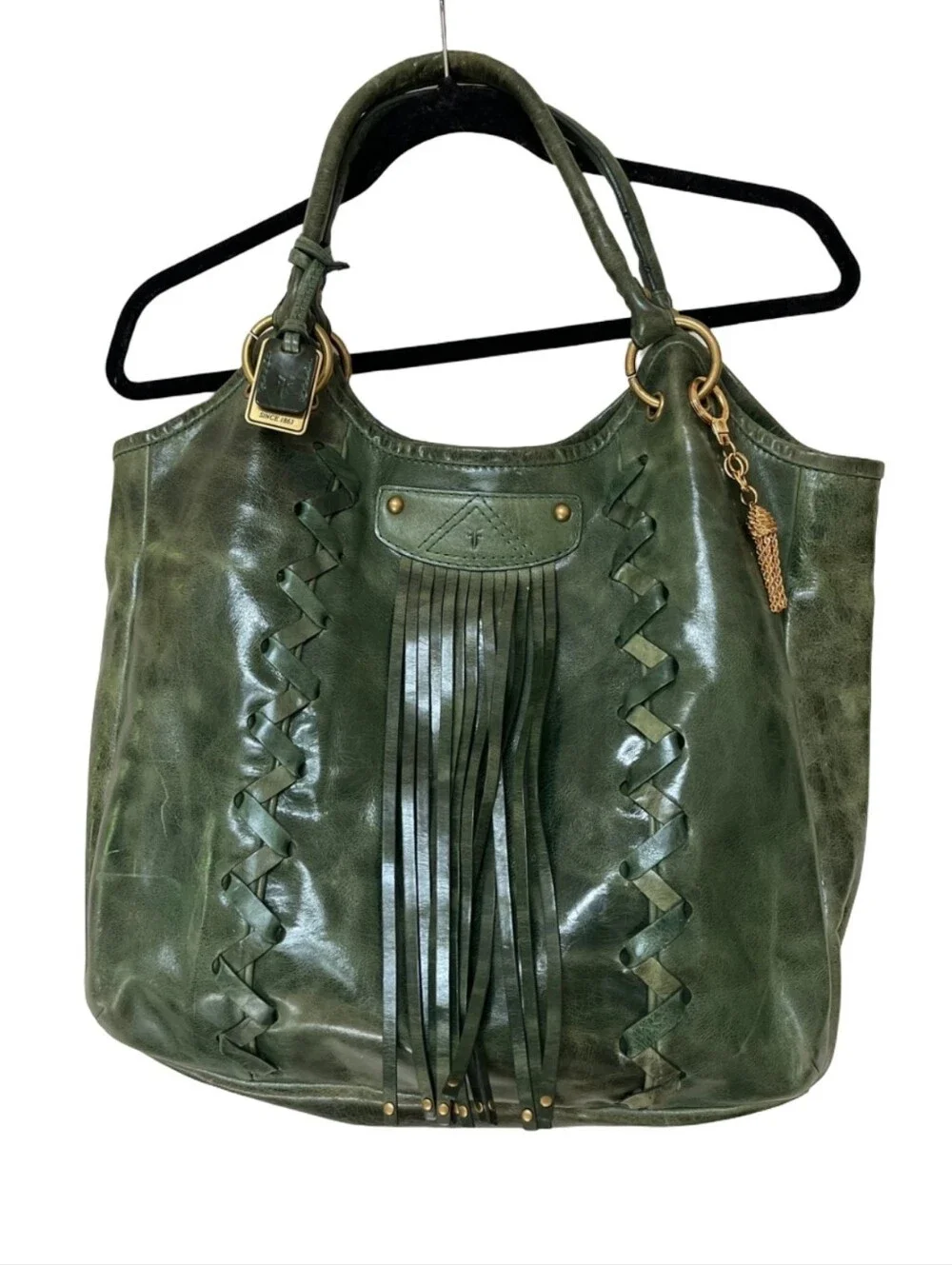 Frye Jade Layla Whipstitch XL Hobo Purse Western distressed green leather Bag